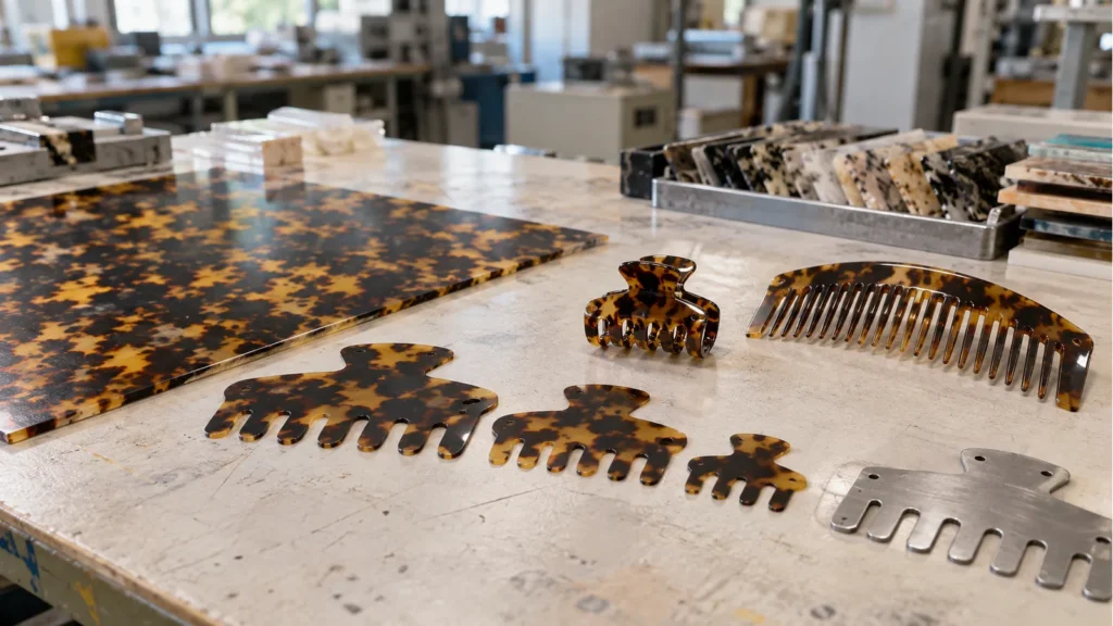 Acetate sheet, claw clip blanks, finished claw clip and comb on a factory sample-development workbench