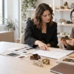 Two buyers reviewing hair accessory samples and technical sketches