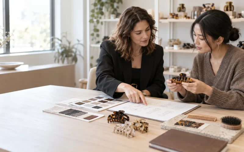 Two buyers reviewing hair accessory samples and technical sketches