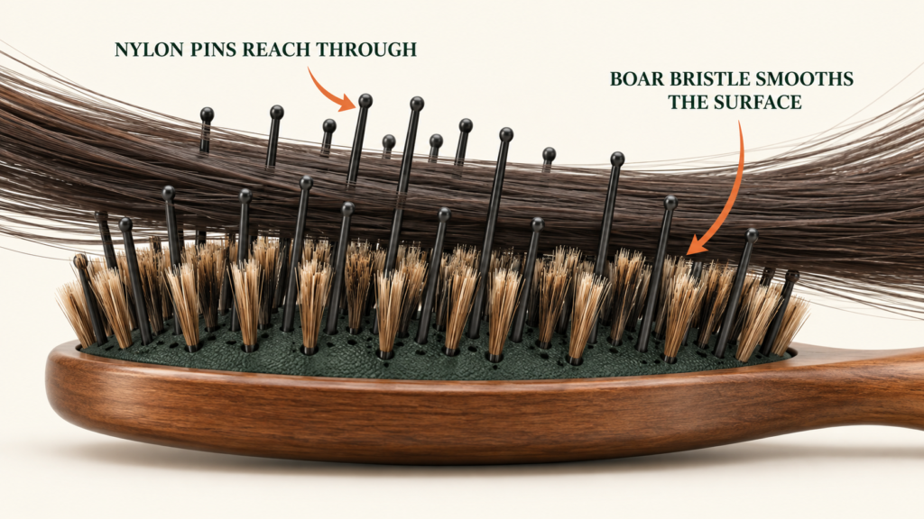 Diagram showing nylon pins reaching through hair and boar bristle smoothing the surface