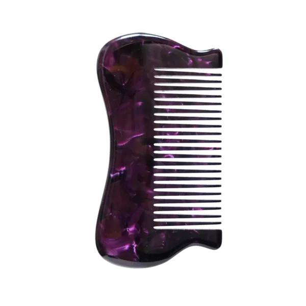 Purple marbled acetate pocket comb with a sculpted handle-free body, view 01