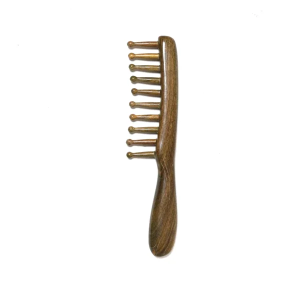 Green sandalwood comb with a single row of round-headed wooden teeth, view 01