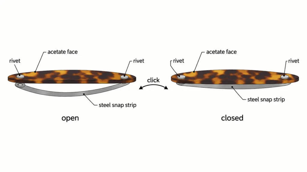Diagram of a snap hair clip in the open and closed positions, labelling the acetate face, the rivets and the steel snap strip