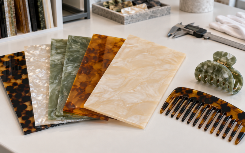 Tortoise shell acetate sheets, comb and hair clip