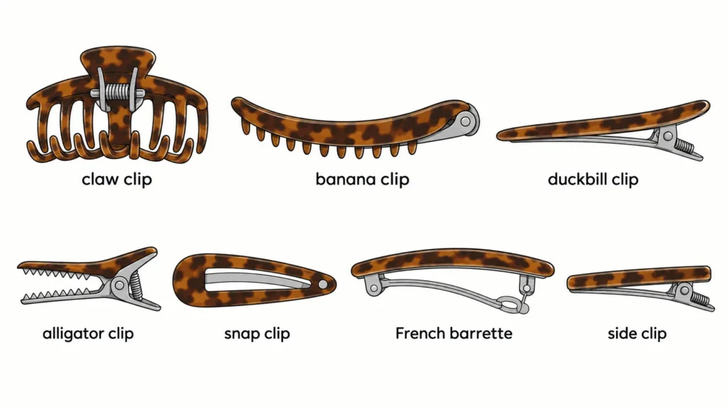 Diagram of seven types of hair clip side by side: claw, banana, duckbill, alligator, snap, French barrette and side clip