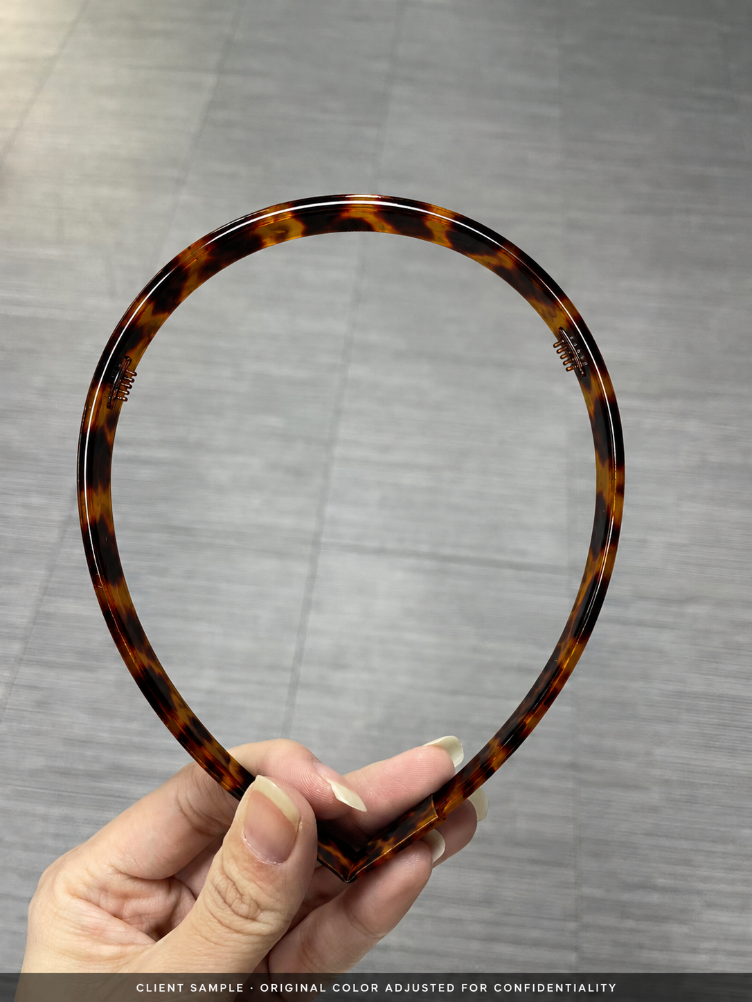 Anonymised Australian client headband sample with segmented inner teeth and tortoiseshell colour adjusted for confidentiality