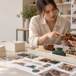 Brand manager reviewing logo placement on custom acetate hair clip samples