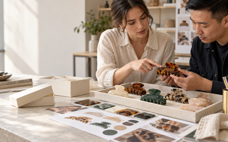 Brand manager reviewing logo placement on custom acetate hair clip samples