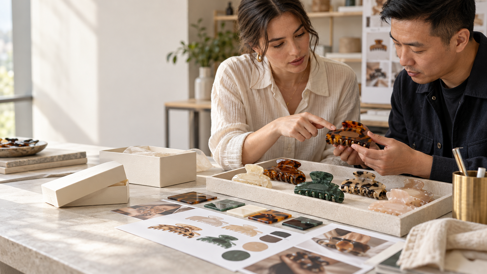 Brand manager and product specialist reviewing logo placement on custom acetate hair clip samples