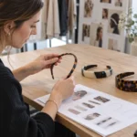 Buyer reviewing slim, two-tone and wide acetate headband samples at a worktable