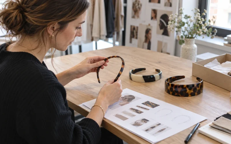 Buyer reviewing slim, two-tone and wide acetate headband samples at a worktable