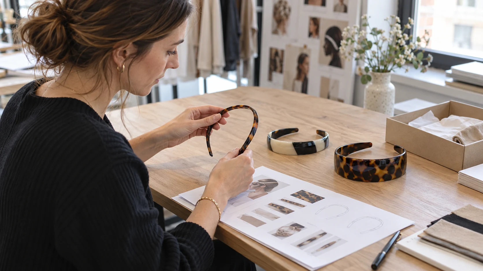 Buyer reviewing slim, two-tone and wide acetate headband samples at a worktable