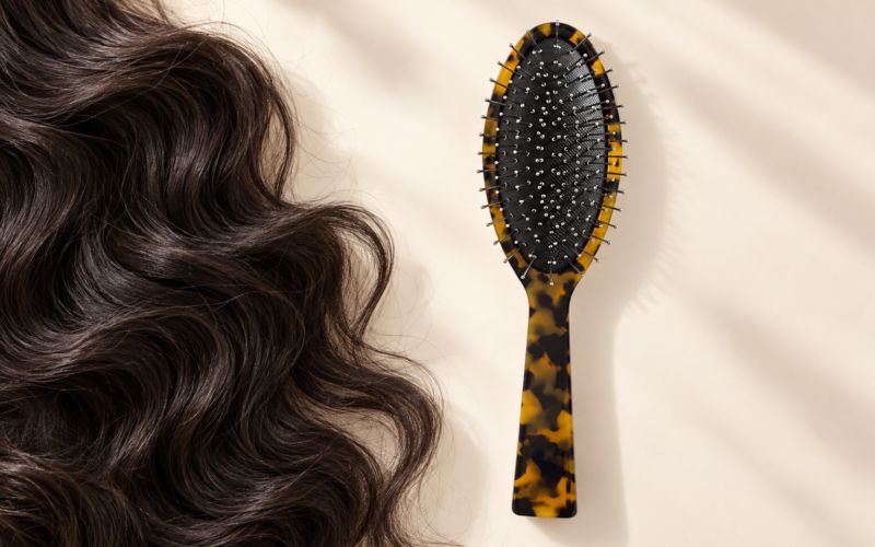 Rounded steel-pin cushion brush beside a section of thick dark hair