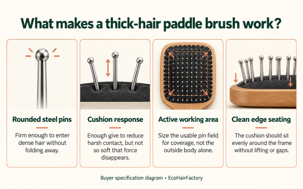 Four specification points for a thick-hair paddle brush: steel pins, cushion response, active area and edge seating