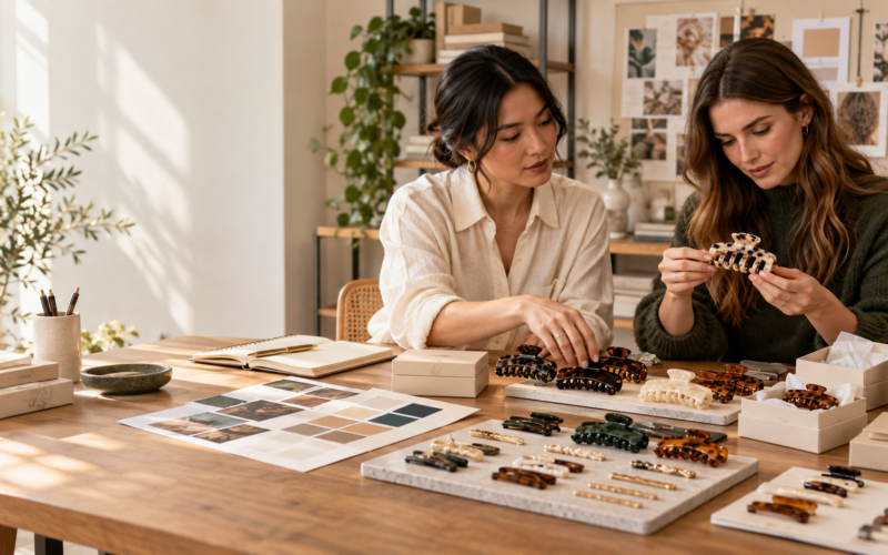 Buyers reviewing a wholesale hair clips and barrettes range
