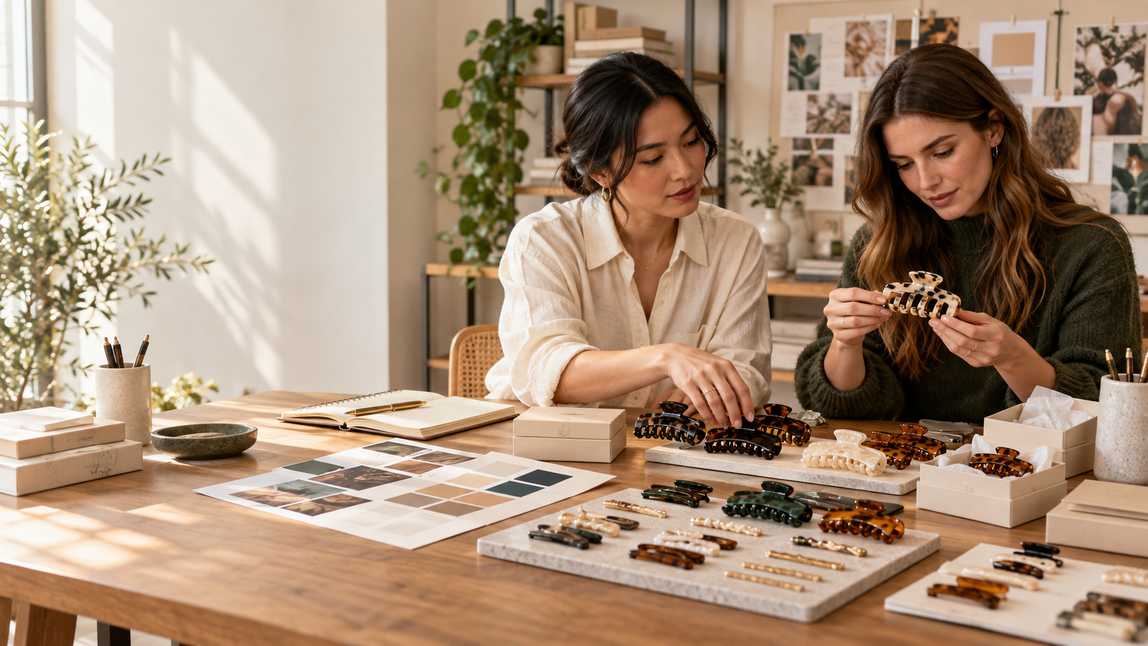 Two buyers planning a retail assortment of cellulose acetate hair clips and barrettes