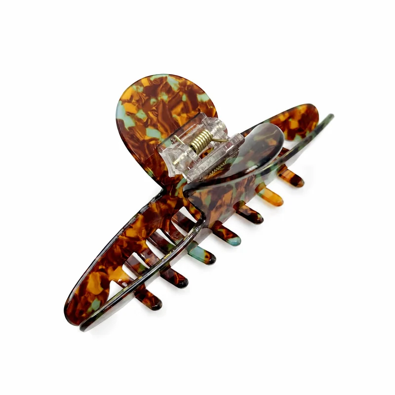 Amber tortoiseshell banana claw clip flecked with jade green acetate