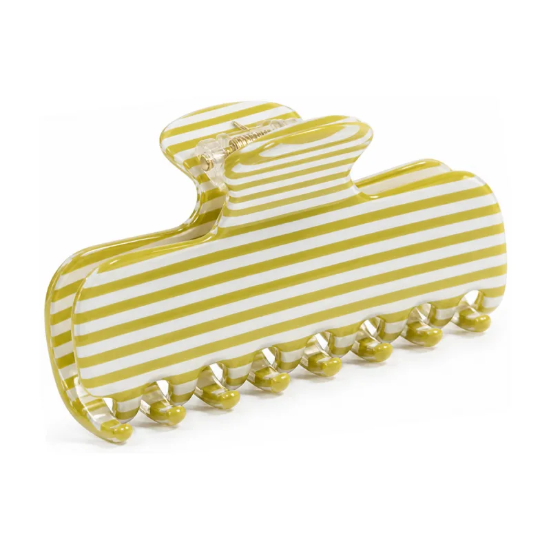 Olive and white striped acetate banana claw clip