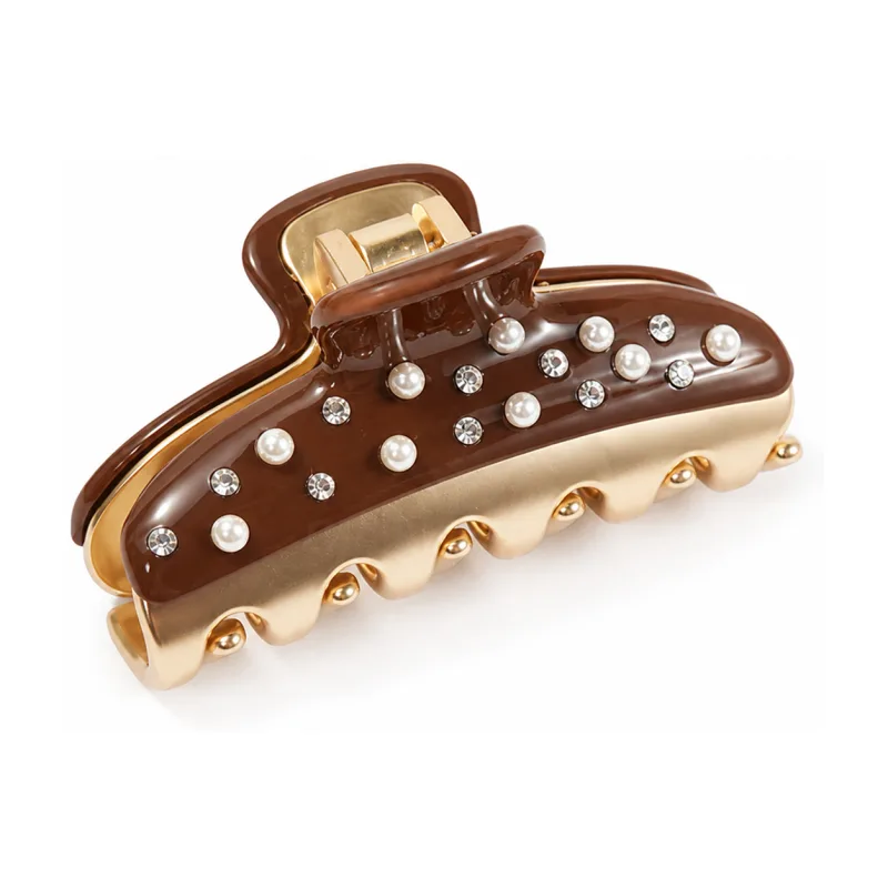 Chestnut brown acetate mini claw clip set with pearls over gold rope teeth