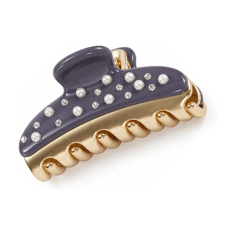 Slate blue acetate mini claw clip set with pearls over gold rope teeth