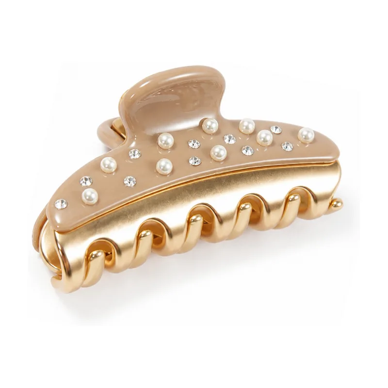 Taupe pearl acetate mini claw clip set with pearls over gold rope teeth