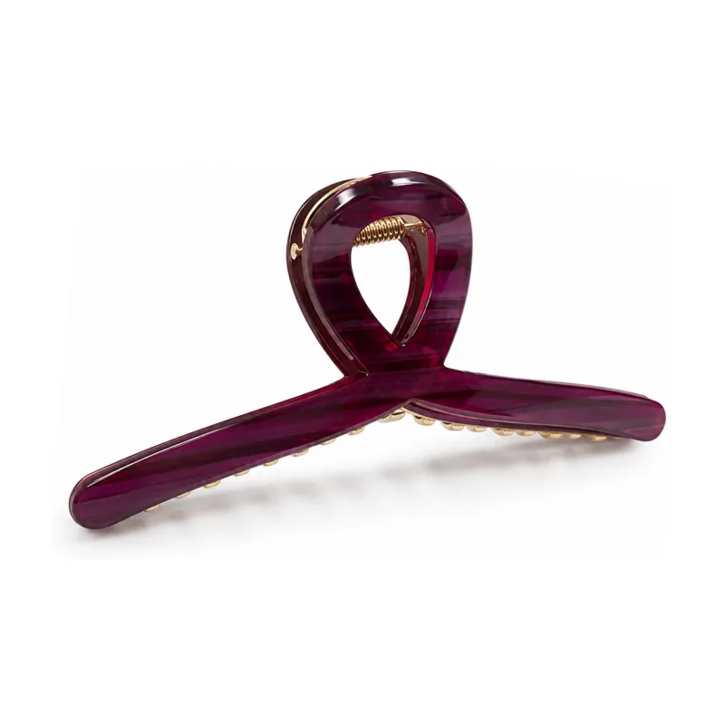 Plum striped acetate loop claw clip with gold stud teeth