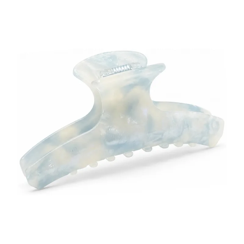 Shell blue cloud-marbled acetate banana claw clip with a hooked upper arm