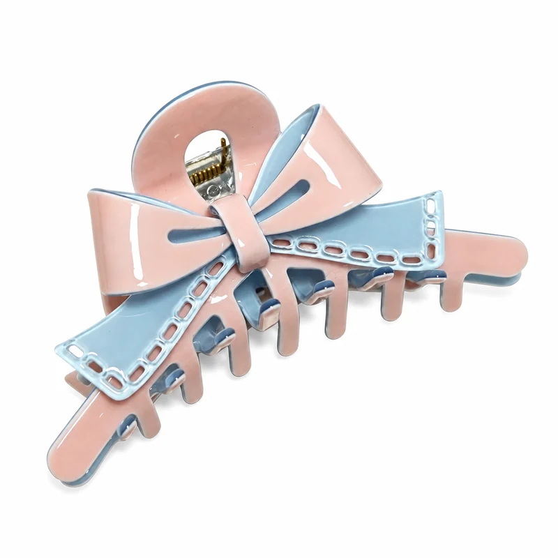 Pink and blue layered acetate bow claw clip