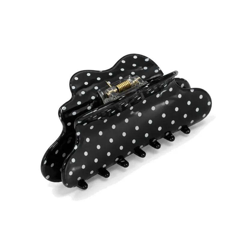 Black acetate mini claw clip printed with white polka dots